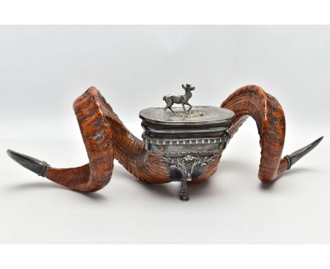 A LATE VICTORIAN RAM'S HORN TABLE SNUFF MULL WITH EPBM MOUNTS BY WALKER &amp; HALL, the foliate engraved hinged cover lacks f