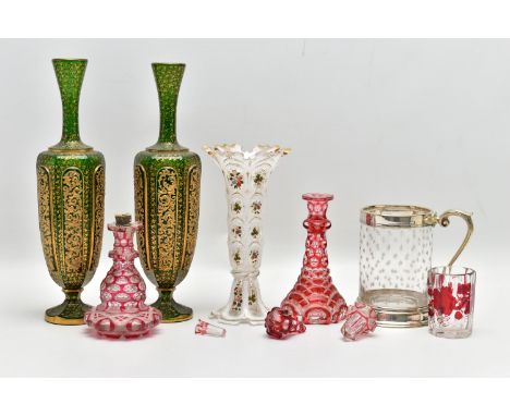 A GROUP OF 19TH CENTURY BOHEMIAN AND ENGLISH GLASSWARE, comprising a clear glass tankard with engraved star decoration, silve