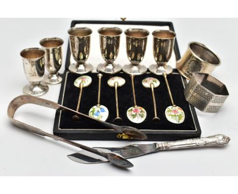 A CASED SET OF SIX ELIZABETH II SILVER GILT AND ENAMEL COFFEE SPOONS AND TEN OTHER SILVER ITEMS, each of the coffee spoons en