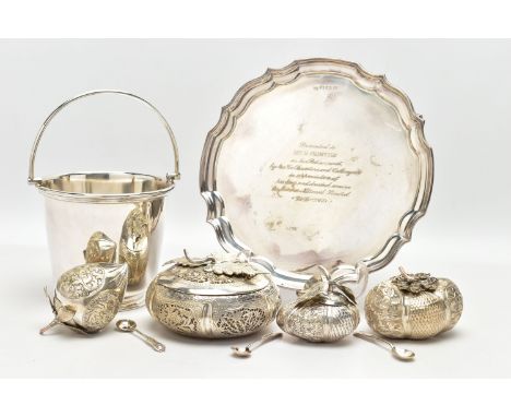 AN ELIZABETH II SILVER SALVER, TOGETHER WITH EIGHT SILVER PLATED ITEMS, the silver salver with scalloped border and personal 