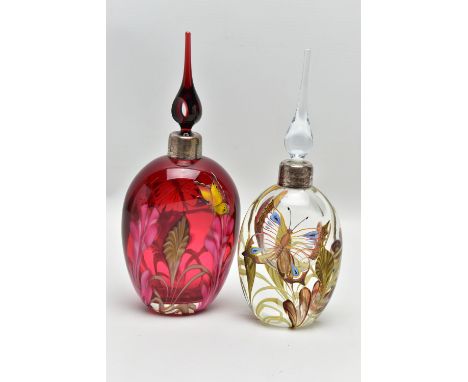 KARINNA SELLERS (BRITISH, CONTEMPORARY) two glass perfume bottles of ovoid form, with elongated stoppers over silver collars 