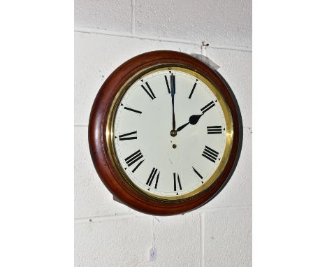 A VICTORIAN MAHOGANY CASED THIRTY HOUR CIRCULAR WALL CLOCK, painted 28.5cm dial with Roman numerals, single fusee movement, o