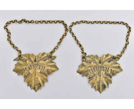 A PAIR OF GEORGE IV SILVER GILT DECANTER LABELS, cast as vine leaves, named for 'SHERRY' and 'MADEIRA', maker William Ker Rei