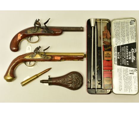 AN ANTIQUE 16 BORE FLINTLOCK PISTOL FITTED WITH A 7¾” BRASS BARREL AND WALNUT STOCK, the early lock is indistinguishably mark