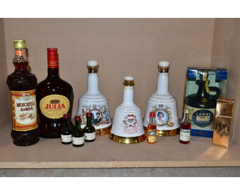 ALCOHOL, six bottles comprising three Bell's Whisky commemorative porcelain decanters, the Queen's 60th birthday, the marriag