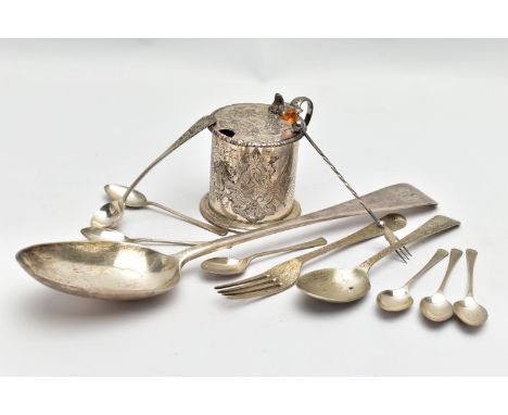 A VICTORIAN SILVER OLD ENGLISH PATTERN BASTING SPOON, TEN OTHER ITEMS OF 19TH AND 20TH CENTURY FLATWARE AND A VICTORIAN SILVE