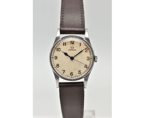A VINTAGE STAINLESS STEEL MANUAL WIND OMEGA WRISTWATCH, the cream dial, with black Arabic numerals, blue steel hands and seco