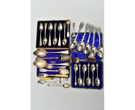 A PARCEL OF 18TH, 19TH AND 20TH CENTURY SILVER FLATWARE, comprising a set of six Victorian Fiddle pattern dessert spoons, eng