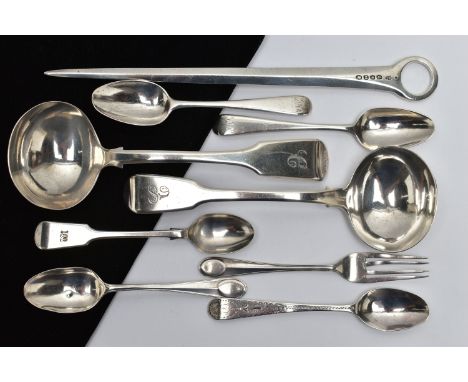 A GEORGE III SILVER MEAT SKEWER AND A SMALL PARCEL OF SILVER FLATWARE, the skewer engraved with initial 'P' below the hoop, m