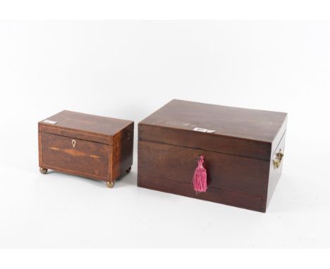 A GEORGE III INLAID BURR YEW TWIN DIVISION TEA CADDY (2)22cm wide; 13cm deep; 15cm high, together with a 19th century mahogan
