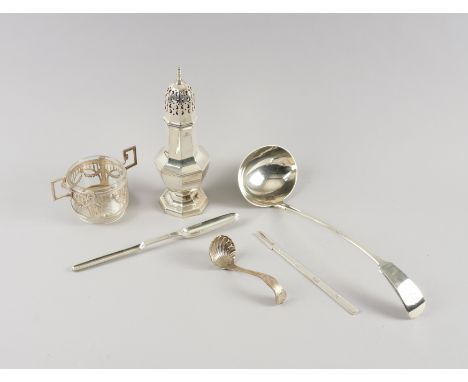 A SILVER SUGAR CASTER AND FIVE FURTHER ITEMS (6)The caster of octagonal baluster form, Chester 1912, height 21cm, a twin hand