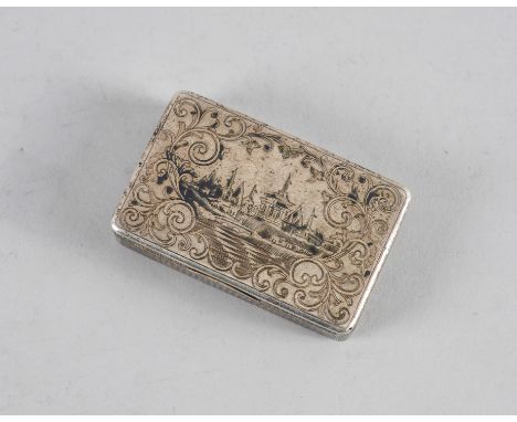 A RUSSIAN SNUFF BOXThe cover and the underside decorated with urban landscape views within scrolling borders, the sides with 