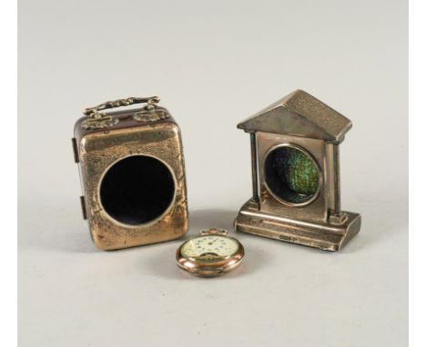 TWO SILVER MOUNTED CLOCK/WATCH STANDS AND A POCKET WATCH (3)Comprising; a rectangular mahogany clock stand, having a silver f