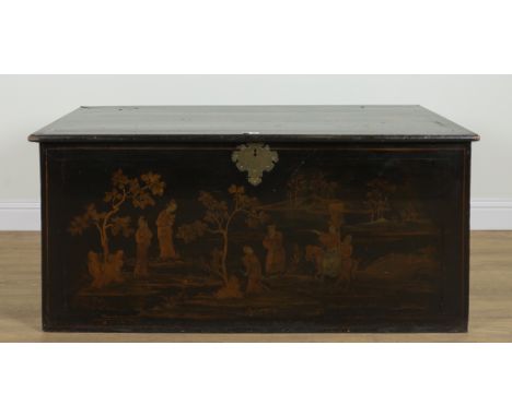 A LARGE GEORGE III BLACK LACQUER CHINOISERIE DECORATED LIFT TOP TRUNK149cm wide; 65cm deep; 70cm highCondition report; in gen