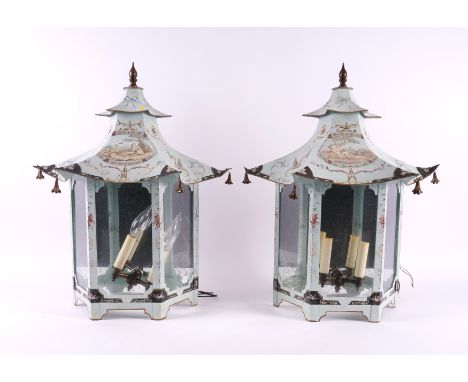 A PAIR OF LIGHT BLUE DECORATED TOLEWARE ‘PAGODA’ SHAPED WALL LIGHTS (2)Modern
With mirror backs, each fitted with two lights,