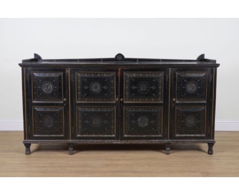 AN AESTHETIC MOVEMENT BLACK LACQUER AND POLYCHROME PAINTED FOUR DOOR SIDE CABINET203cm wide; 47cm deep; 105cm highOld marks a