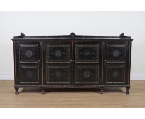 AN AESTHETIC MOVEMENT BLACK LACQUER AND POLYCHROME PAINTED FOUR DOOR SIDE CABINET203cm wide; 47cm deep; 105cm highOld marks a