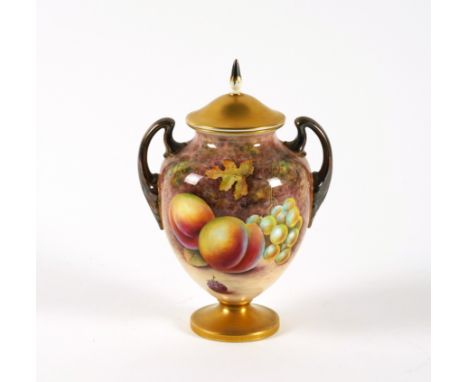 A ROYAL WORCESTER TWO-HANDLED OVOID VASE AND COVER (2)Circa 1970's Each side painted with an arrangement of fruit, signed J.R