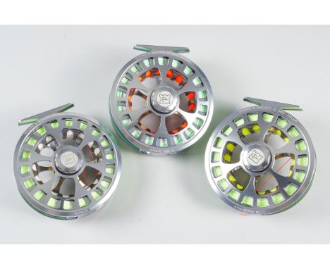 HARDY BROTHERS: THREE ULTRA LIGHT 7000DD FLY FISHING REELS (3)With box; Together with two wf-8f Orvis Access fly lines and an