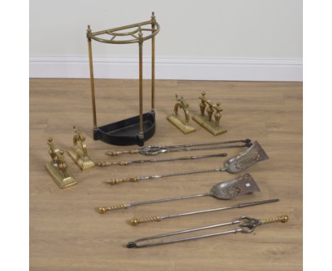 TWO SETS OF BRASS MOUNTED STEEL FIRE TOOLS AND A BRASS DEMI-LUNE STICK STAND (11)Late 19th and Early 20th Century 
The shovel