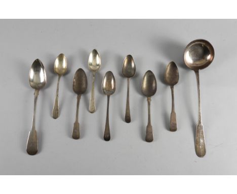 A GROUP OF SILVER AND FOREIGN FLATWAREComprising; a fiddle pattern basting spoon, London 1826, five further tablespoons, comb