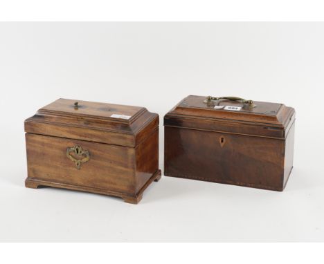 A GEORGE II MAHOGANY TWIN DIVISION TEA CADDY (2)24cm wide; 13cm deep; 16cm high, and another similar later three division tea