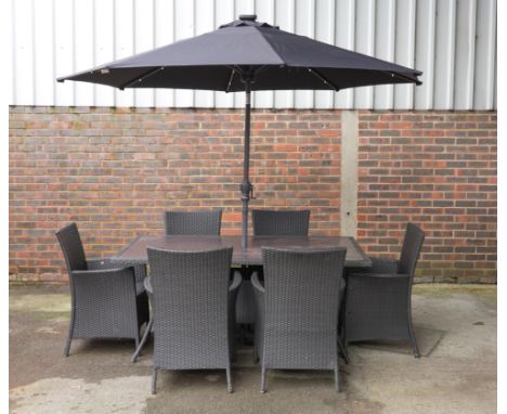 A FAUX RATTAN WEAVE GARDEN TABLE (8)With inset glass top, 170cm long; 100cm wide; 74cm high, with six matching armchairs, 60c
