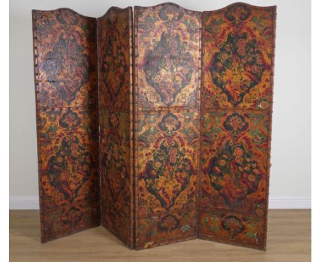 A 19TH CENTURY ITALIAN EMBOSSED PAINTED LEATHER FOUR FOLD SCREEN244cm wide; 213cm highAge related wear expected with the item