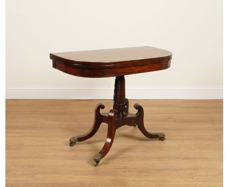 A REGENCY MAHOGANY DEMI-LUNE FOLDOVER CARD TABLE91cm wide; 45cm deep; 73cm high