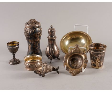 A GROUP OF DANISH, FOREIGN AND PLATED WARES (8)Comprising; an articulated model of a fish, the hinged head opening to reveal 