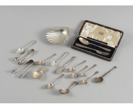 A VICTORIAN SILVER BUTTER SHELL AND KNIFE AND FURTHER SILVER (QTY)Comprising; six coffee spoons, mixed dates, with a pair of 