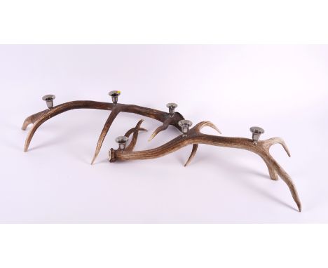 IN THE STYLE OF PAOLO MOSCHINO: A PAIR OF THREE LIGHT ANTLER CANDELABRA (2)Modern
Mounted plated metal candle nozzles, 57cm l