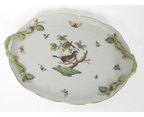 A HEREND `ROTHSCHILD BIRD' PATTERN TWO- HANDLED SHAPED OVAL STAND20th century Blue printed mark, 28.75cm wideOne handle has g