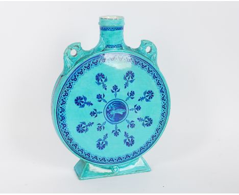 A LARGE MINTON TURQUOISE GROUND MOONFLASK ATTRIBUTED TO CHRISTOPHER DRESSERCirca 1877 each side printed in cobalt blue with a