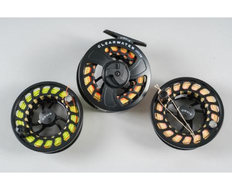 ORVIS: CLEARWATER LARGE ARBOR IV FLY REEL (3)3 3/4” with two spare spools, fly lines and cloth bags and boxCondition report; 