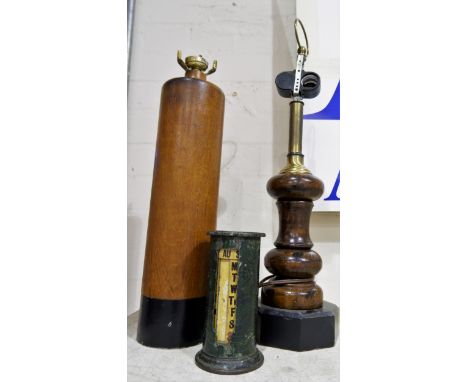 A Danish ESA solid teak and leather table lamp; another table lamp and a John Wilkins calendar vase 