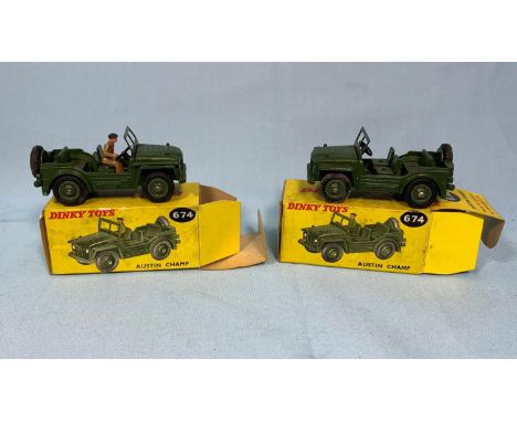 Two originally boxed Dinky Toys diecast vehicles 674 Champ (one with original driver, one without), (boxes worn) 