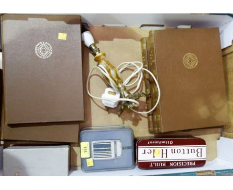 A GRUNDIG TK14 reel to reel tape recorder, 2 button holers , a lamp, a 6 volume pictorial history of WWII 