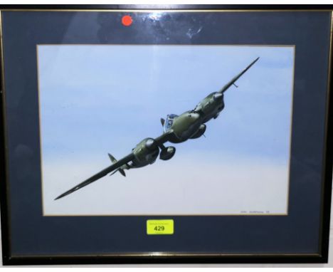Ivan Berryman P-38 Lightening WWII twin engine long range fighter by Lockheed gouache signed, framed and glazed 