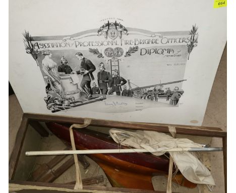 A vintage pond yacht, a certificate "Association of Professional Fire Brigade Officers Diploma" 