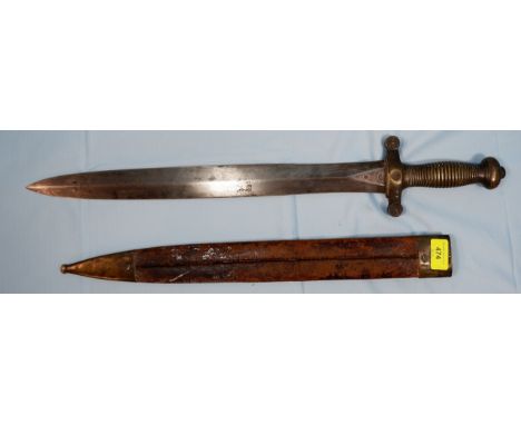 An early 19th century military French infantry gladius sword with brass handle and leather scabbard, blade marked TATABOT Par