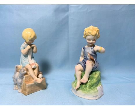 2 Royal Doulton Worcester china figures "Katie" &amp; "Teatime" 