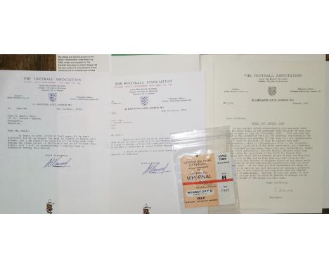 Two letters signed by (Sir) Alf Ramsey and a copy of The FA World Cup Report 1966 with semi final ticket stubs for Goodison P