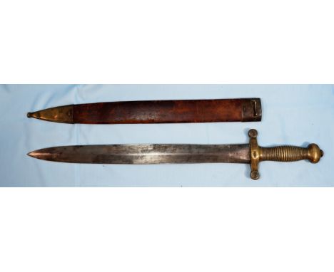 An early 19th century military French infantry gladius sword, leather scabbard mk to blade (N), handle mk 687, blade length 1