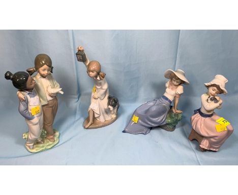 4 Nao  figures 2 girls with dove, girl with lamp and dog, girl with puppy and girl with bird 