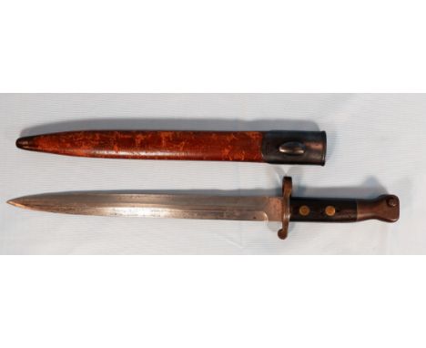 A British pattern bayonet by Sanderson of Sheffield with possibly later leather scabbard 