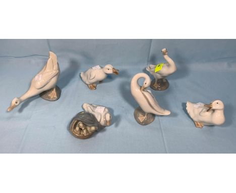 A Lladro group, duck &amp; ducklings; 2 Lladro geese; 3 Nao geese 