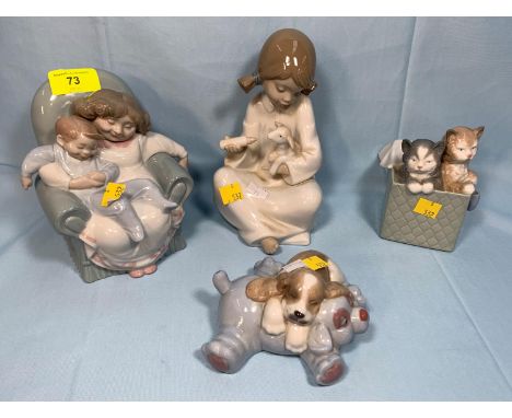 4 Nao figures girl with lamb, girl in armchair, puppy and teddy, 2 kittens in a box 