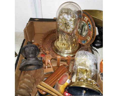 A gilt 400 day clock; a mahogany box; a brush rack barometer, carved wood &amp; treen ornaments 