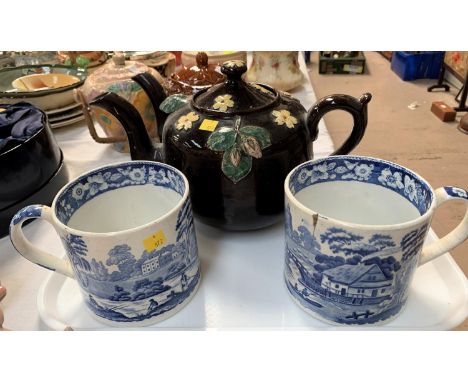 Pair of 19th century Italian Spode large mugs 5" diameter; a large Bargeman's 2 sprouted Majolica style teapot (slight damage